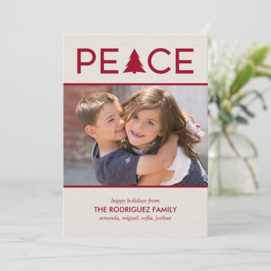 Peace Custom Photo Holiday Tree Maroon Beige Feestdagenkaart (Staand voorkant)