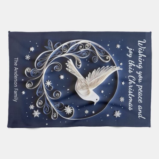 Peace Dove Faux Papercraft Elegant Blue Christmas Theedoek (Horizontaal)