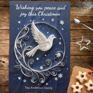 Peace Dove Feestelijke Blauw Wit Elegante Kerst Theedoek