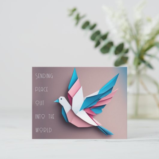 Peace dove origami roze lichtblauw Briefkaart (Staand voorkant)