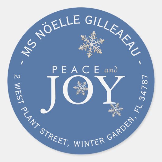 PEACE en JOY Snow-Covered Snowflakes Sky Blue Ronde Sticker (Voorkant)
