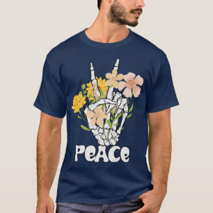 Peace Flowers en Skeleton Hand Peace Sign Retro B T-shirt