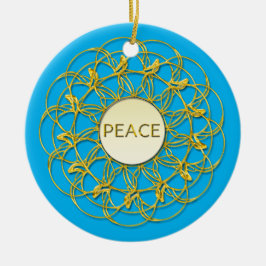 PEACE geschreven op gouden kant op hemelsblauw Keramisch Ornament