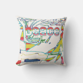 "Peace" Graphic, Rood Geel Aqua Roze op Gebroken w Kussen