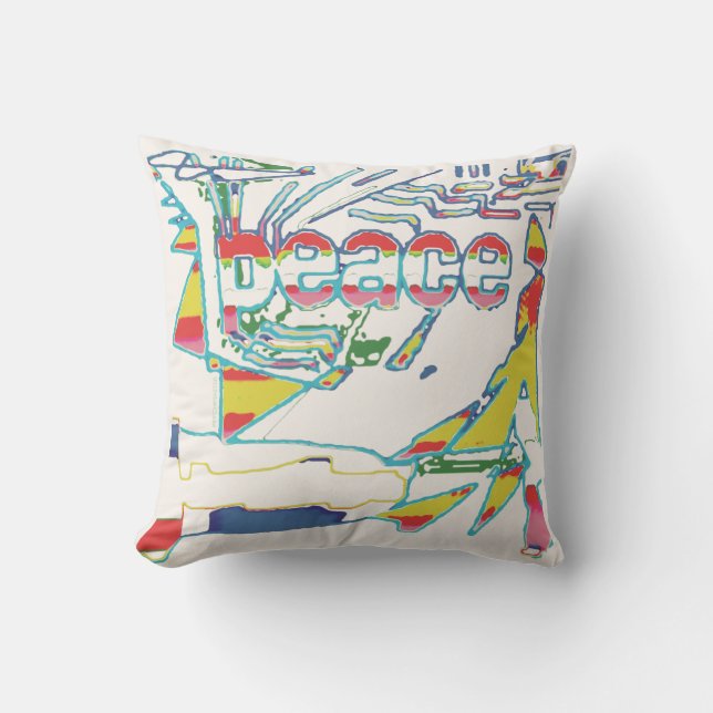 "Peace" Graphic, Rood Geel Aqua Roze op Gebroken w Kussen (Voorkant)