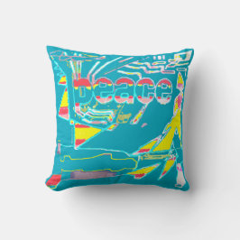 Peace Graphic Rood Geel Aqua Roze Wit op Blauwgroe Kussen