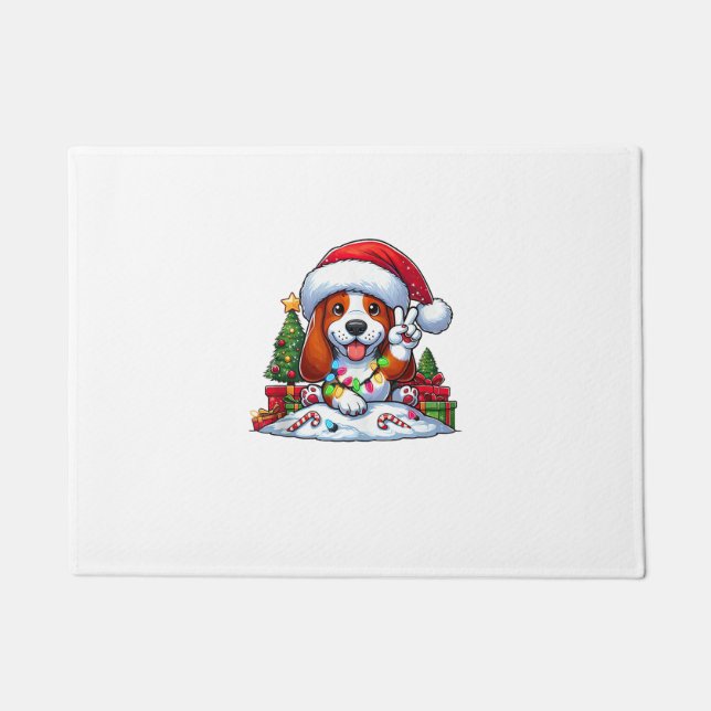 Peace Hand Basset Hound Christmas Lights Hond Vrou Deurmat (Voorkant)