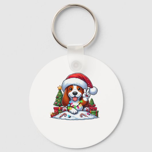 Peace Hand Basset Hound Christmas Lights Hond Vrou Sleutelhanger (Voorkant)