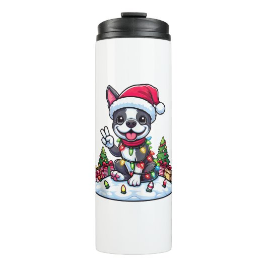 Peace Hand Boston Terrier Kerstverlichting Vrouwen Thermosbeker (Voorkant)