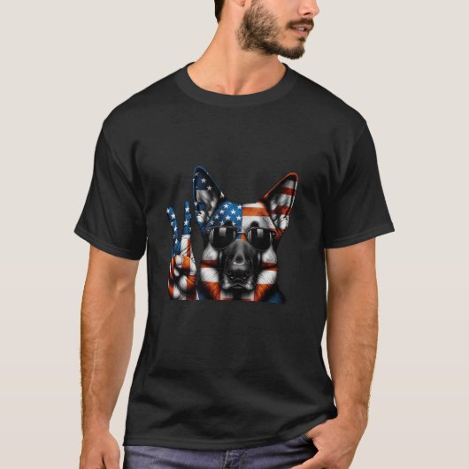 Peace Hand Duitse Herder Hond Amerikaanse Vlag USA T-shirt (Voorkant)