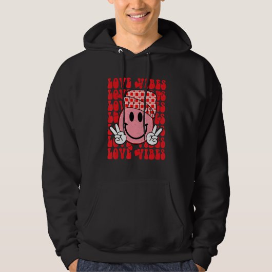 Peace Hand Sign Retro Smile Face Love Vibes Valent Hoodie (Voorkant)