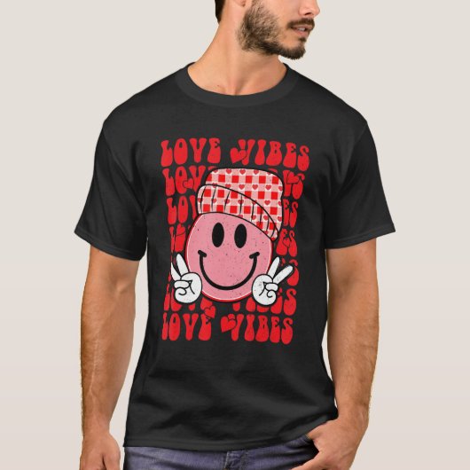 Peace Hand Sign Retro Smile Face Love Vibes Valent T-shirt (Voorkant)