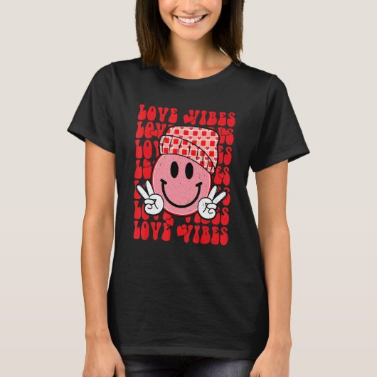 Peace Hand Sign Retro Smile Face Love Vibes Valent T-shirt (Voorkant)