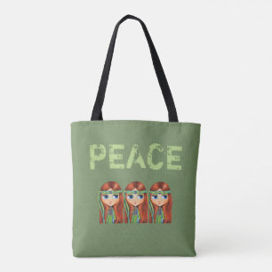 Peace Hippie Girl Chick in Green Headband 1960 Tote Bag