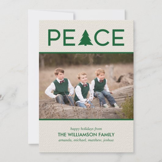 Peace Holiday Tree Aangepaste foto Beige Green Feestdagenkaart (Voorkant)