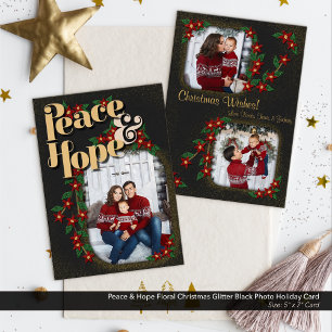 Peace & Hope Floral Christmas Glitter Zwart Foto Feestdagenkaart