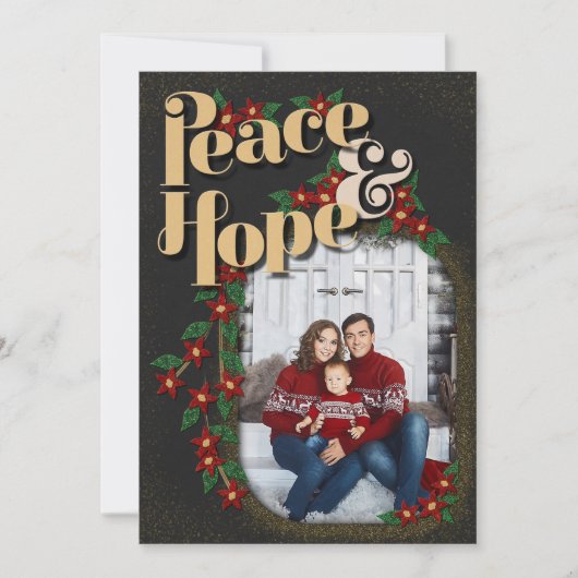 Peace & Hope Floral Christmas Glitter Zwart Foto Feestdagenkaart (Voorkant)