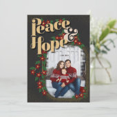 Peace & Hope Floral Christmas Glitter Zwart Foto Feestdagenkaart (Staand voorkant)