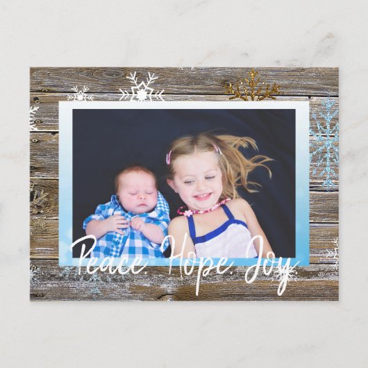 Peace Hope Joy Family Foto Rustic Wood Snowflakes Briefkaart (Voorkant)