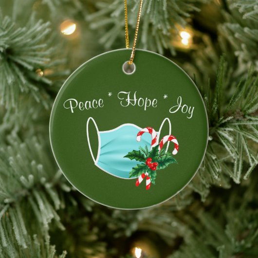 Peace Hope Joy Mask & Candy Canes Keramisch Ornament (Boom)