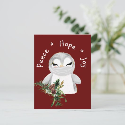 Peace Hope Joy Mask Penguin Feestdagenkaart (Staand voorkant)