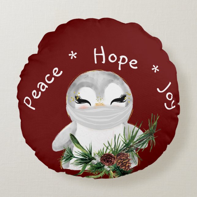 Peace Hope Joy Mask Penguin Rond Kussen (Voorkant)