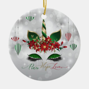 Peace Hope Love Festive Unicorn Face Keramisch Ornament