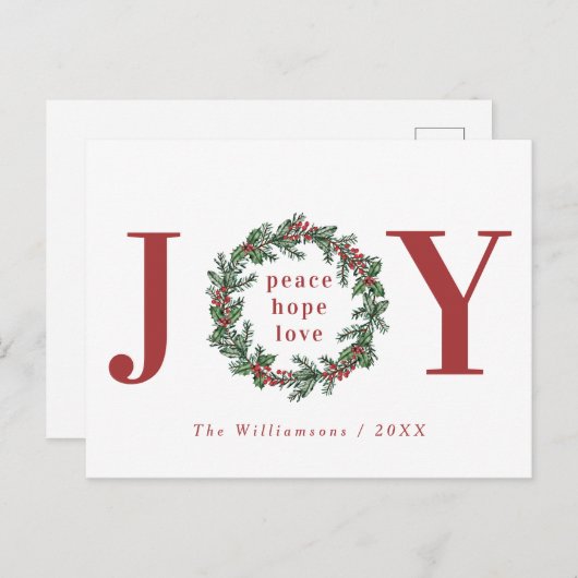 Peace Hope Love Joy Typographic Wreath Feestdagenkaart (Voorkant / Achterkant)