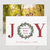 Peace Hope Love Joy Typographic WreatPhoto Feestdagenkaart (Voorkant / Achterkant)