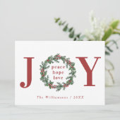 Peace Hope Love Joy Typographic WreatPhoto Feestdagenkaart (Staand voorkant)