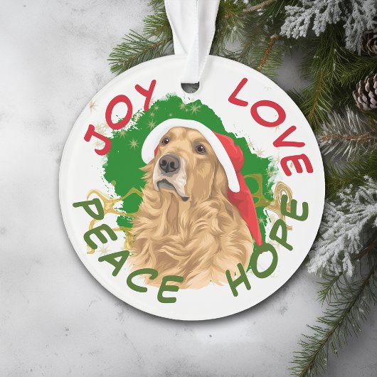 Peace Hope Santa Hat Golden Retriever Ornament