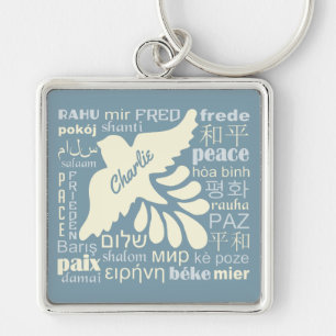 PEACE in talen, aangepaste naam en kleurenketen Sleutelhanger