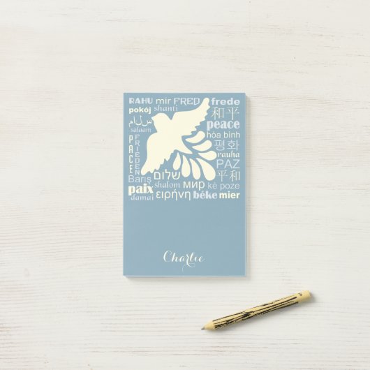 PEACE in talen, aangepaste naam Post-it notes (Op bureau)