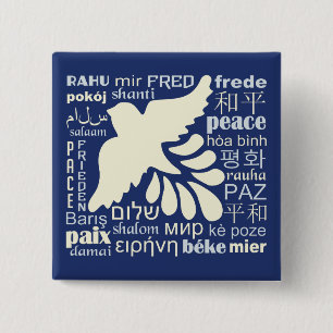 PEACE in veel talen, knop Vierkante Button 5,1 Cm