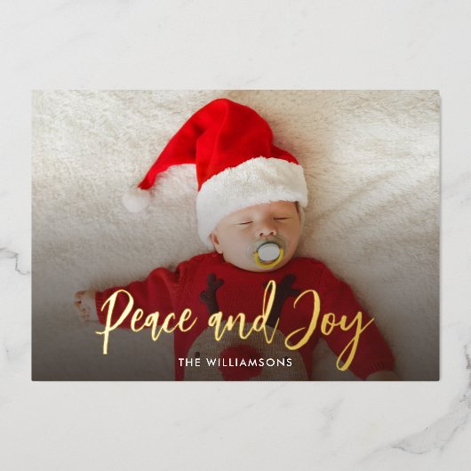 Peace Joy Baby Fotoscript Custom Christmas Folie Feestdagenkaart (Voorkant)