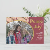 Peace & Joy: Bourgondisch Goud Glitter Kerstmis Feestdagenkaart (Staand voorkant)