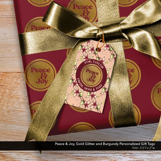 Peace & Joy Gold Glitter Roze Bourgogne Cadeaulabel