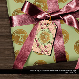 Peace & Joy, Gold Glitter Roze Groen Gepersonalise Cadeaulabel