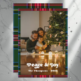 Peace & Joy Green Tartan Plaid Familie Kerstmis Feestdagenkaart
