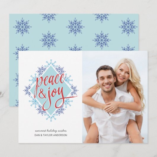 Peace & Joy Handschrift over Waterverf Snowflakes Feestdagenkaart (Voorkant / Achterkant)