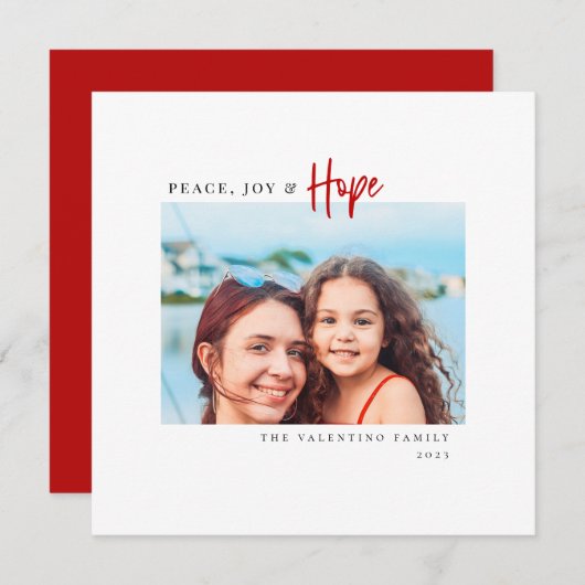 Peace Joy Hope Modern Red Script Minimalist Photo Feestdagenkaart (Voorkant / Achterkant)