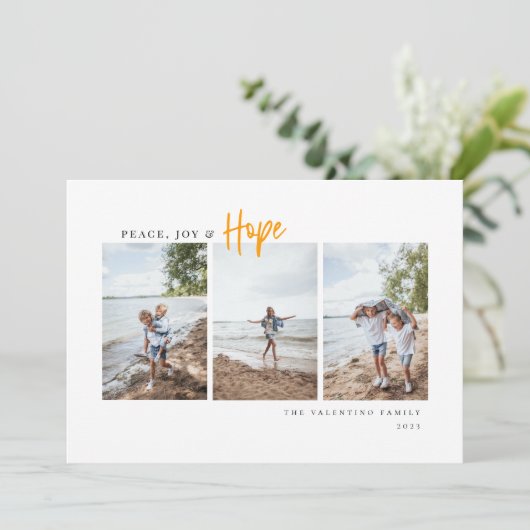 Peace Joy Hope Modern Script Minimalist Photo Feestdagenkaart (Staand voorkant)