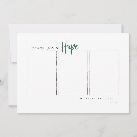 Peace Joy Hope Modern Script Minimalist Photo Feestdagenkaart (Voorkant)