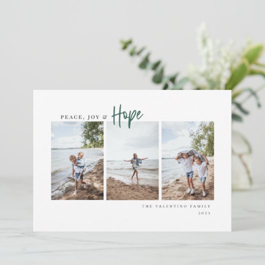 Peace Joy Hope Modern Script Minimalist Photo Feestdagenkaart (Staand voorkant)