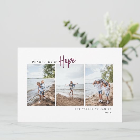Peace Joy Hope Modern Script Minimalist Photo Feestdagenkaart (Staand voorkant)