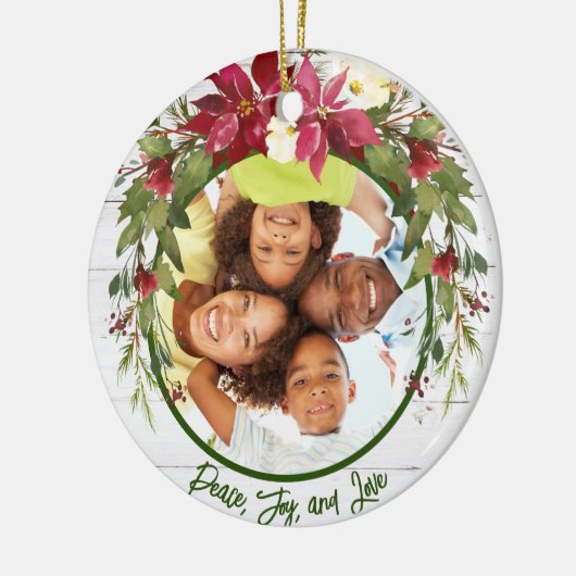 Peace Joy Love 2 Side 2 Photo Poinsettia Kerstmis Keramisch Ornament (Links)