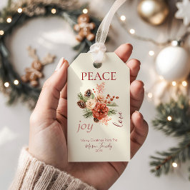 Peace Joy Love Beige Bloemen Kerst Cadeaulabel