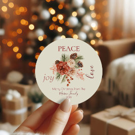 Peace Joy Love Beige Bloemen Kerst Ronde Sticker