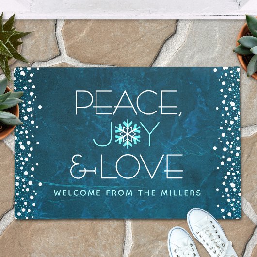 Peace Joy Love Blue Holiday Bold Modern Snowflake Deurmat