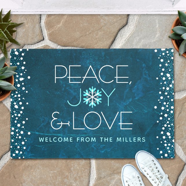 Peace Joy Love Blue Holiday Bold Modern Snowflake Deurmat (Creator heeft geüpload)